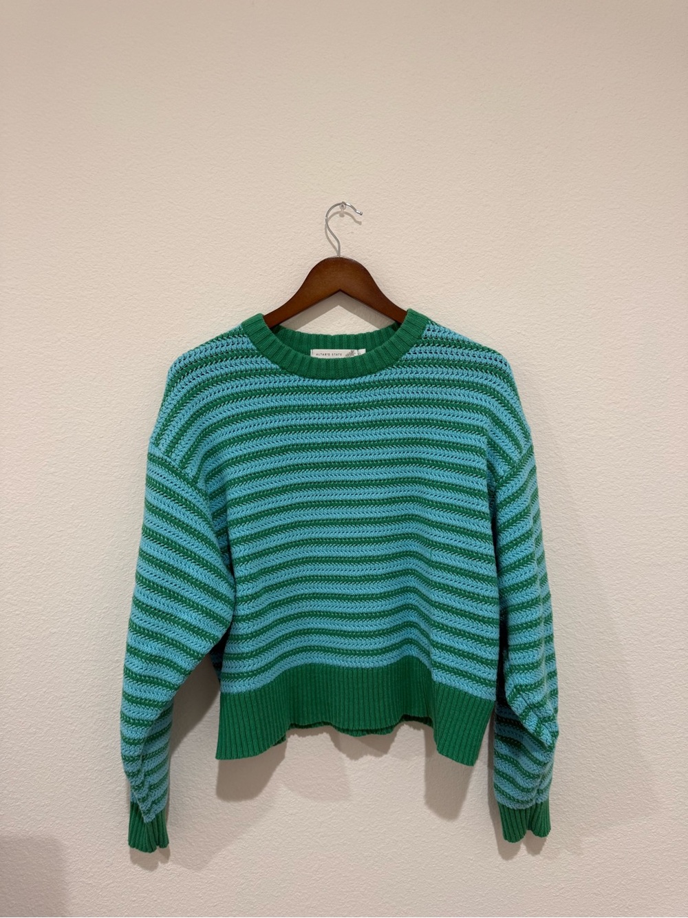 Altar'd State Green & Teal Striped Crewneck Sweater